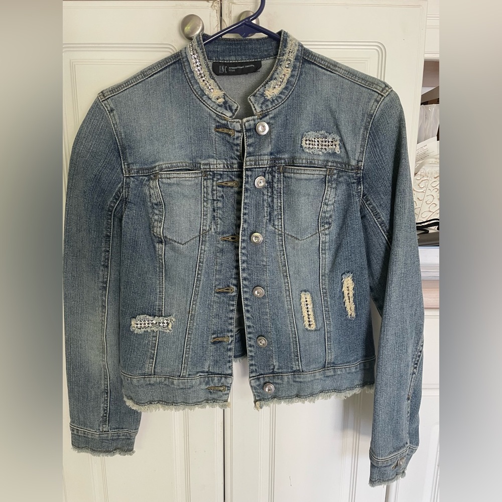 Distressed, unique, jean jacket
